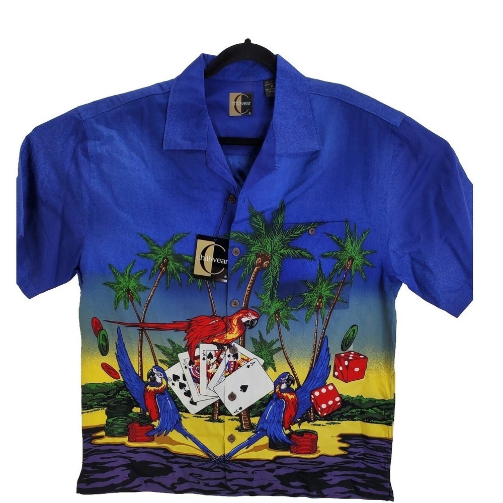 Chiliwear Mens Blue Parrot Gambling Tropical Cotton Button Up Shirt Size M NWT